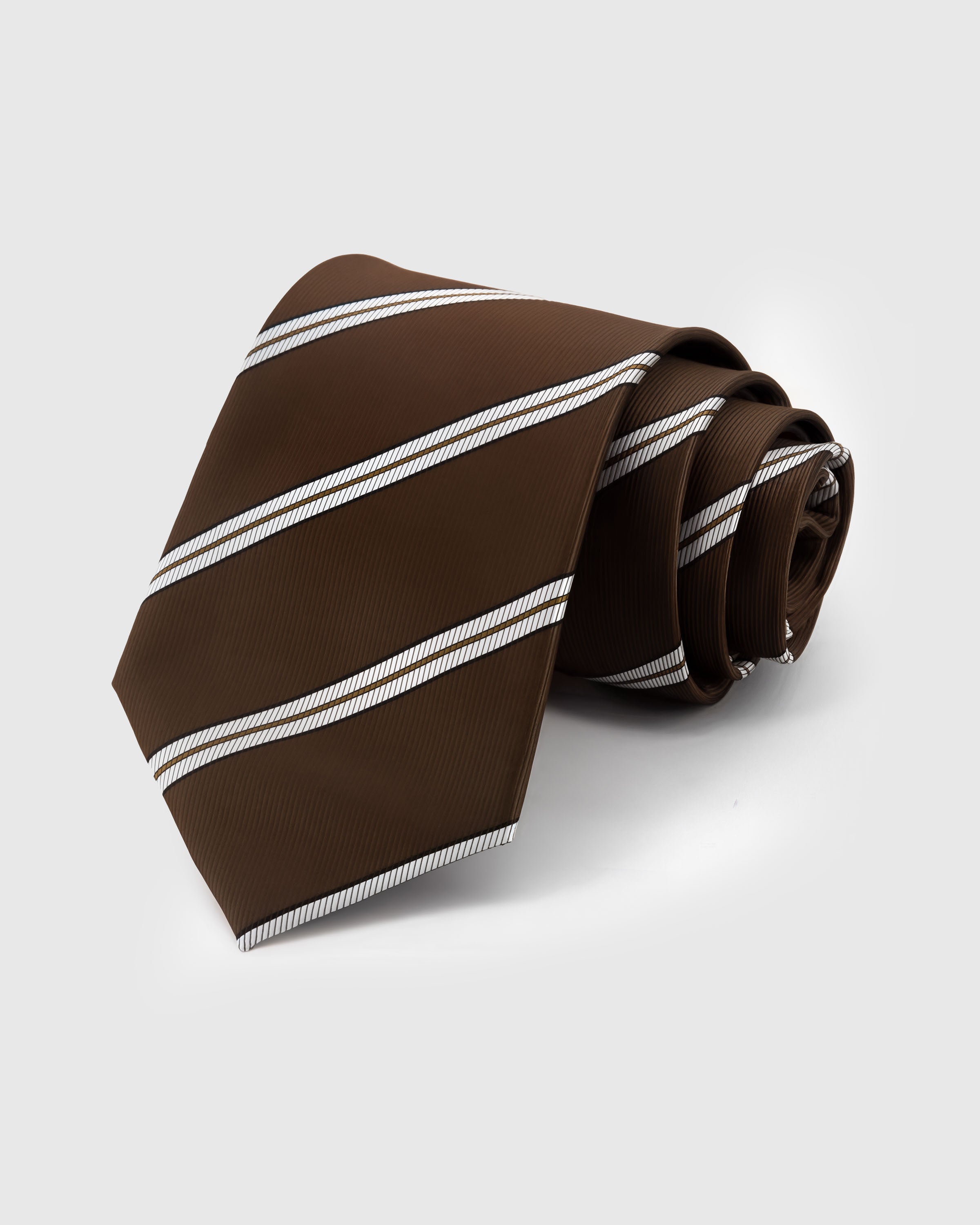 STICKYZOO Chestnut Twin Tie in hand-embroidered mulberry silk with ivory twin stripes on chestnut ground, 45° bias-cut Italian method