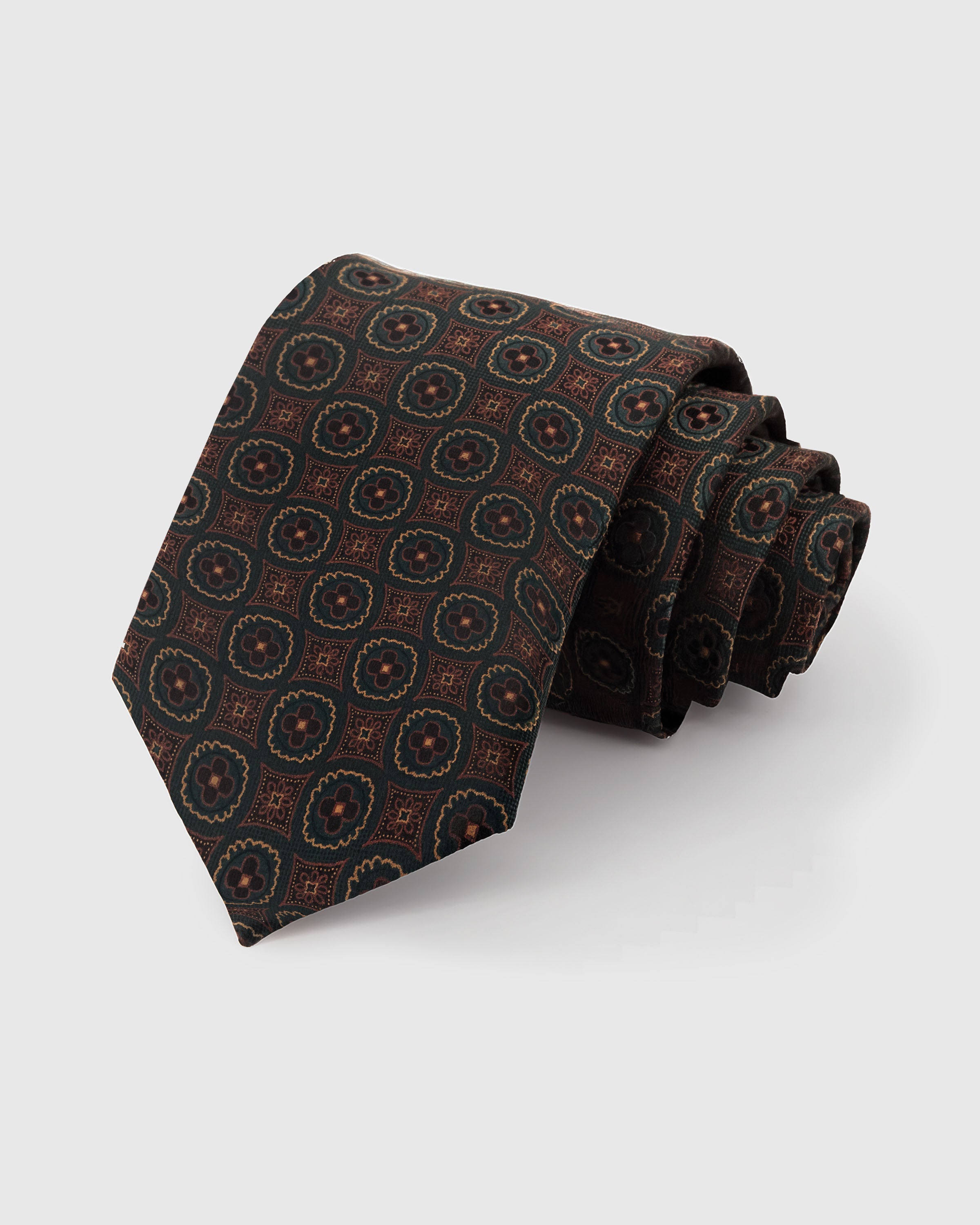 STICKYZOO Chestnut Multi Stripe Tie in mulberry silk with rust, cream, and navy stripes, 45° bias-cut Italian method