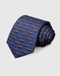 100% mulberry silk STICKYZOO Royal Tiger Tie in cobalt blue with hand-embroidered orange tiger motifs and green foliage, rolled