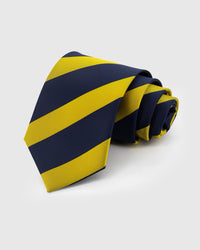 STICKYZOO Saffron Band Tie in hand-embroidered mulberry silk with bold saffron and navy diagonal stripes, 45° bias-cut Italian method