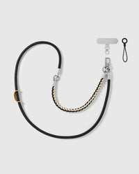 Cross-body phone strap shown with its universal phone-tab connector and safety tether