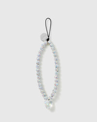STICKYZOO Sparkle Heart phone strap laid flat, a loop of iridescent glitter beads with a clear heart drop and silver disc on a black cord.