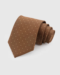 STICKYZOO Caramel Dot Tie in hand-embroidered mulberry silk with cream pin dot motifs, 45° bias-cut Italian method