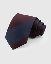 STICKYZOO Claret Block Stripe Tie in hand-embroidered mulberry silk with bold wine and navy stripes, herringbone weave, 45° bias-cut