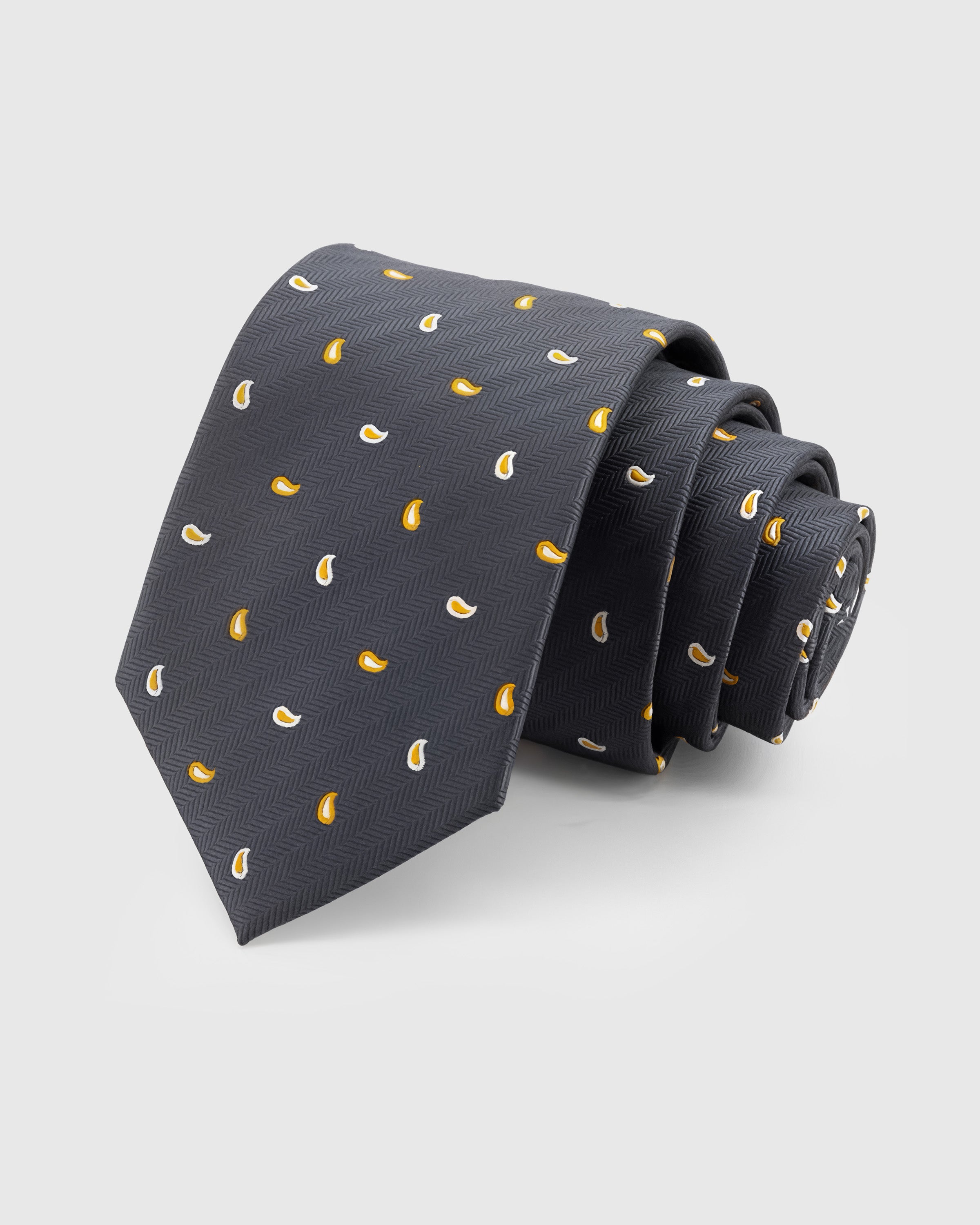 STICKYZOO Slate Paisley Tie in hand-embroidered mulberry silk with gold paisley drops on charcoal herringbone ground, 45° bias-cut