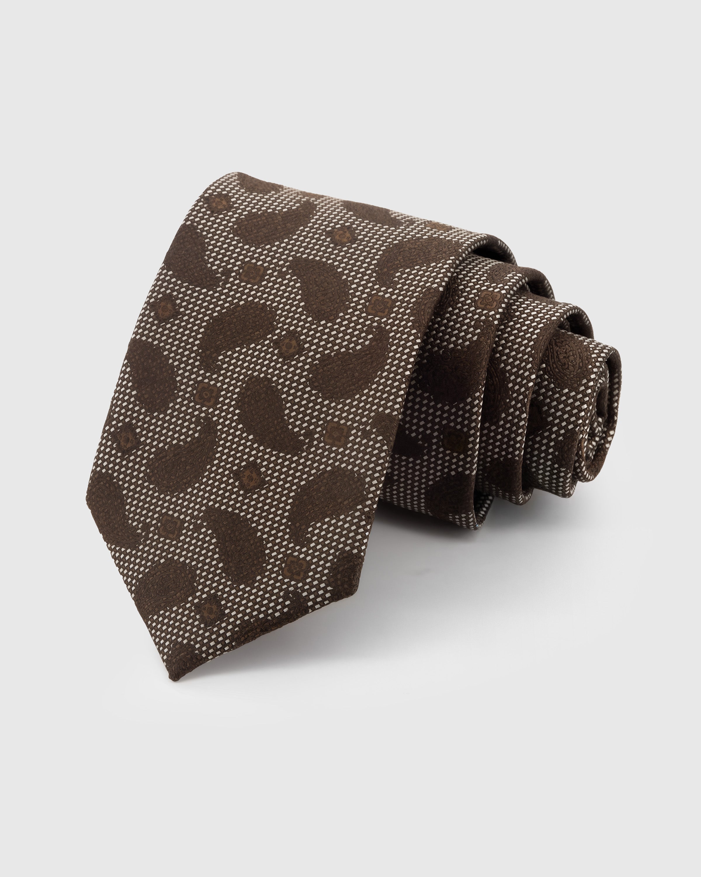 STICKYZOO Espresso Abstract Tie in mulberry silk with tonal abstract paisley woven into jacquard ground, 45° bias-cut Italian method
