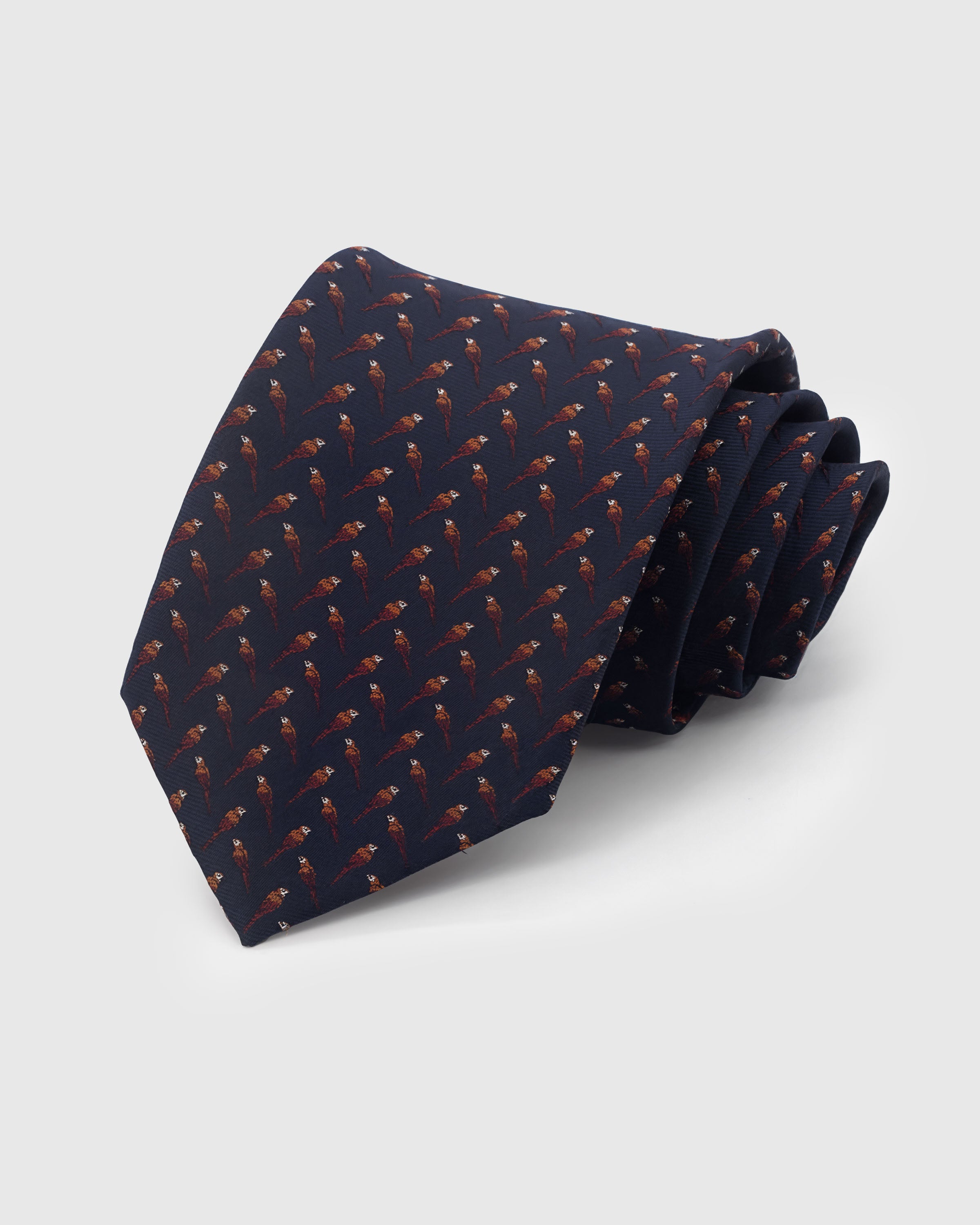 {100% mulberry silk weave} STICKYZOO MIDNIGHT PHEASANT TIE in hand-embroidered mulberry silk with pheasant motif, 45° bias-cut Italian method