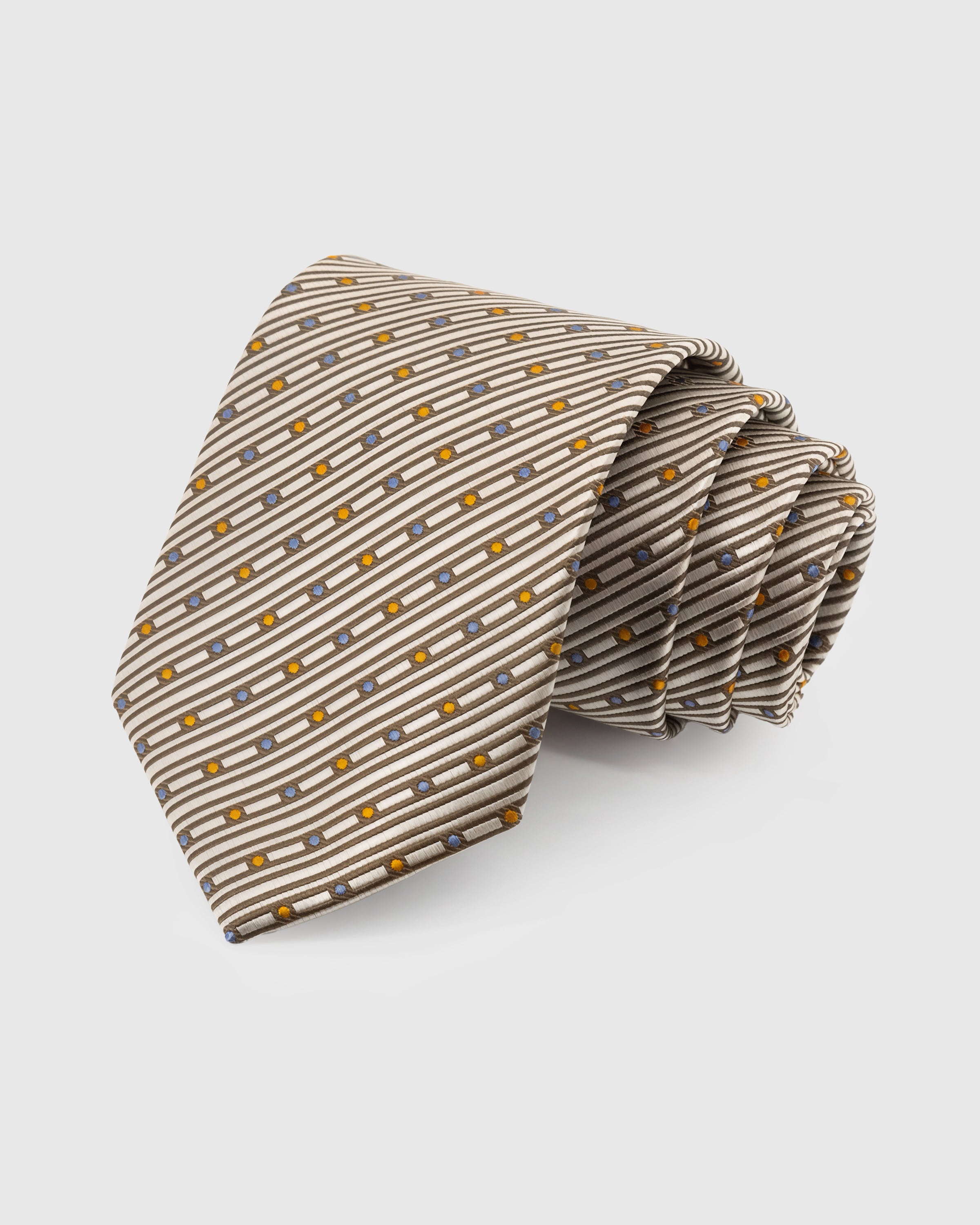 STICKYZOO Ivory Stripe Dot Tie in hand-embroidered mulberry silk with amber and blue dot accents, 45° bias-cut Italian method