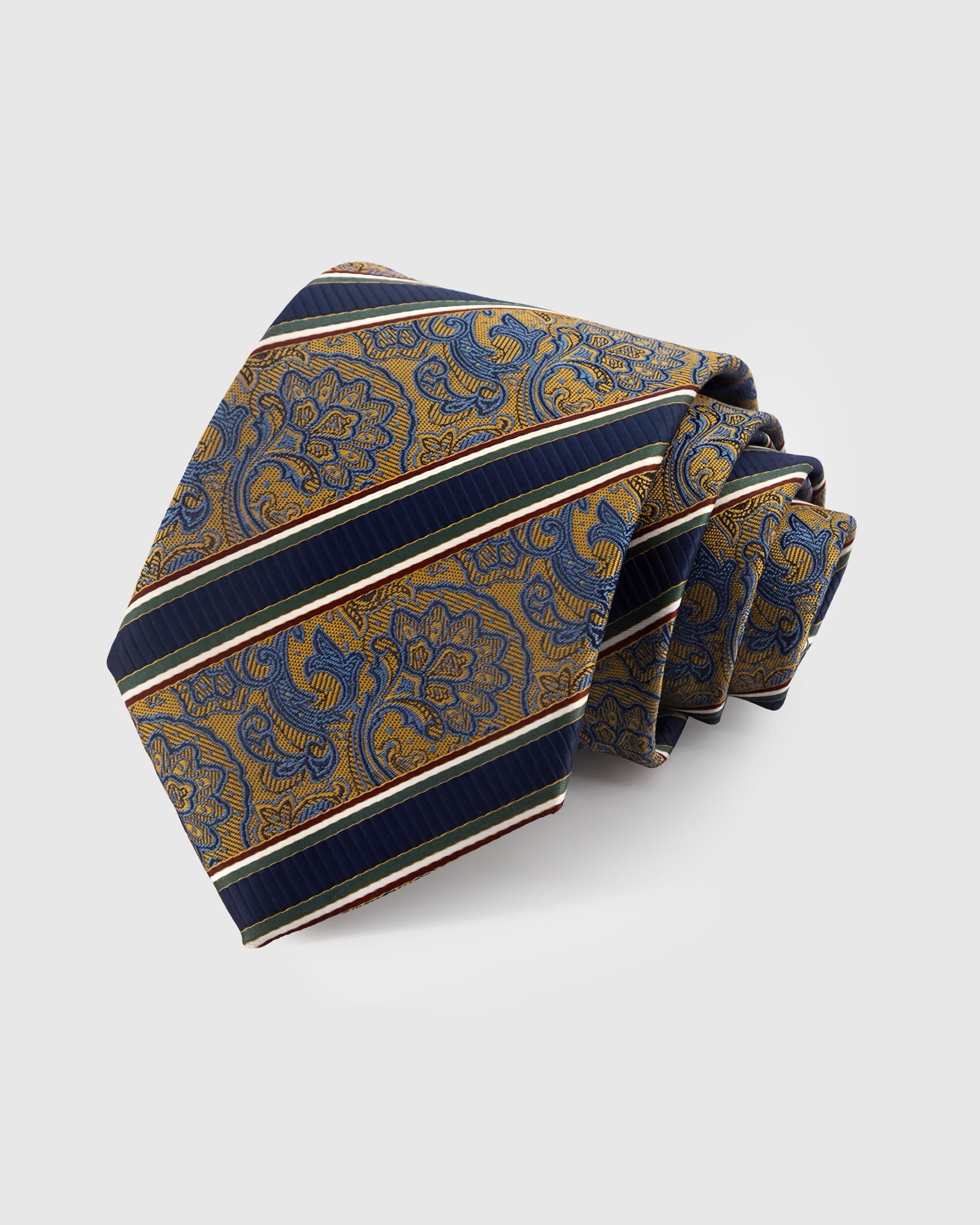 STICKYZOO NAVY PAISLEY STRIPE TIE — 100% mulberry silk with hand-embroidered paisley floral panels divided by navy and green stripes on deep navy with gold panels ground