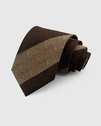 STICKYZOO Espresso Horizon Tie in mulberry silk with bold diagonal stripes in espresso and bronze, 45° bias-cut Italian method