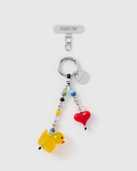 Tangerine duck and red heart glass charm phone strap with colorful seed beads and silver hardware by STICKYZOO