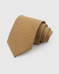 STICKYZOO Honey Pin Dot Tie in hand-embroidered mulberry silk with light blue pin dots on warm honey gold ground