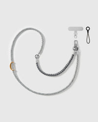 Pewter braided phone strap by STICKYZOO, worn as a wrist strap or cross-body, with silver-tone swivel hooks, a phone-tab connector and safety tether
