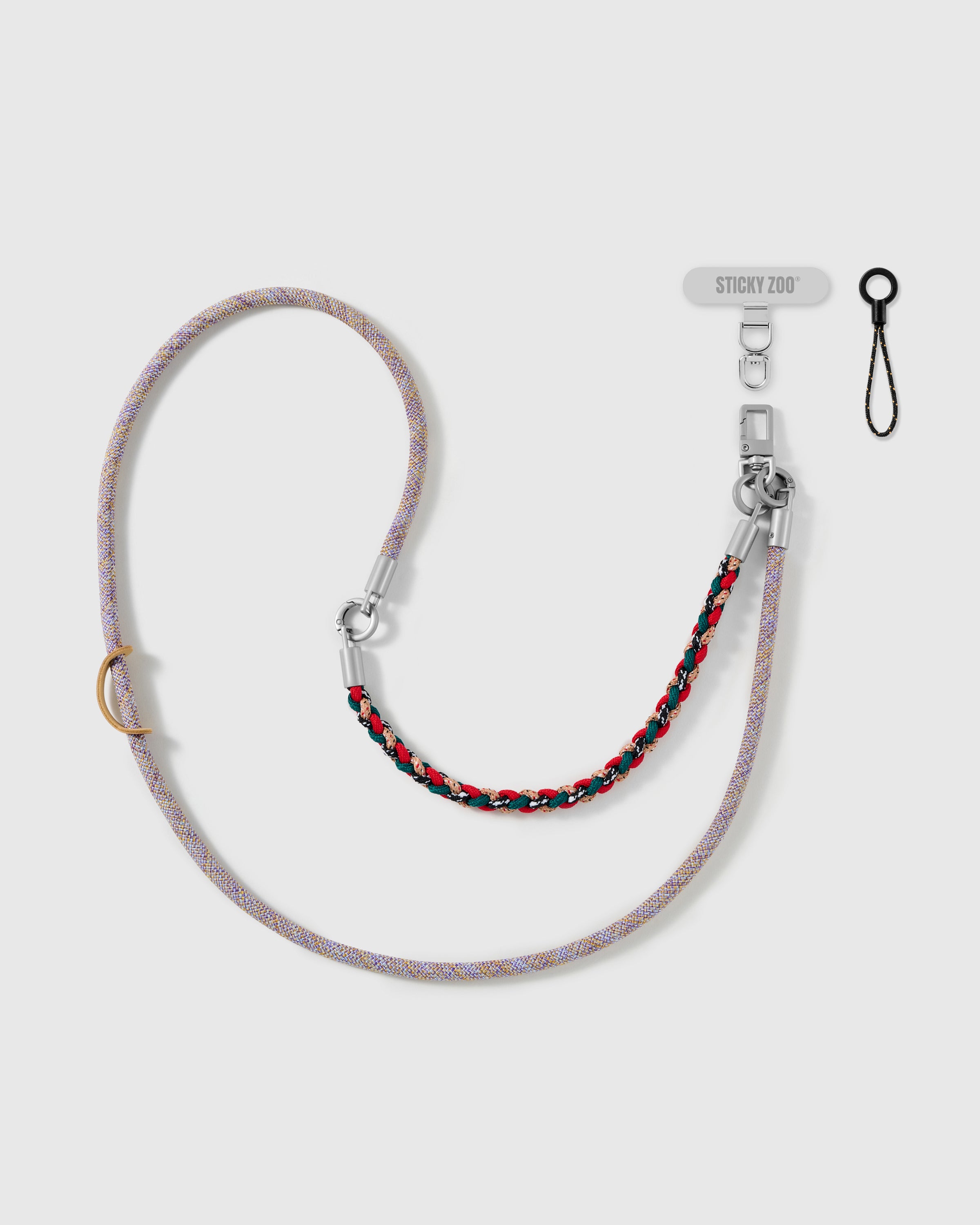heather braided phone strap by STICKYZOO, worn as a wrist strap or cross-body, with silver-tone swivel hooks, a phone-tab connector and safety tether