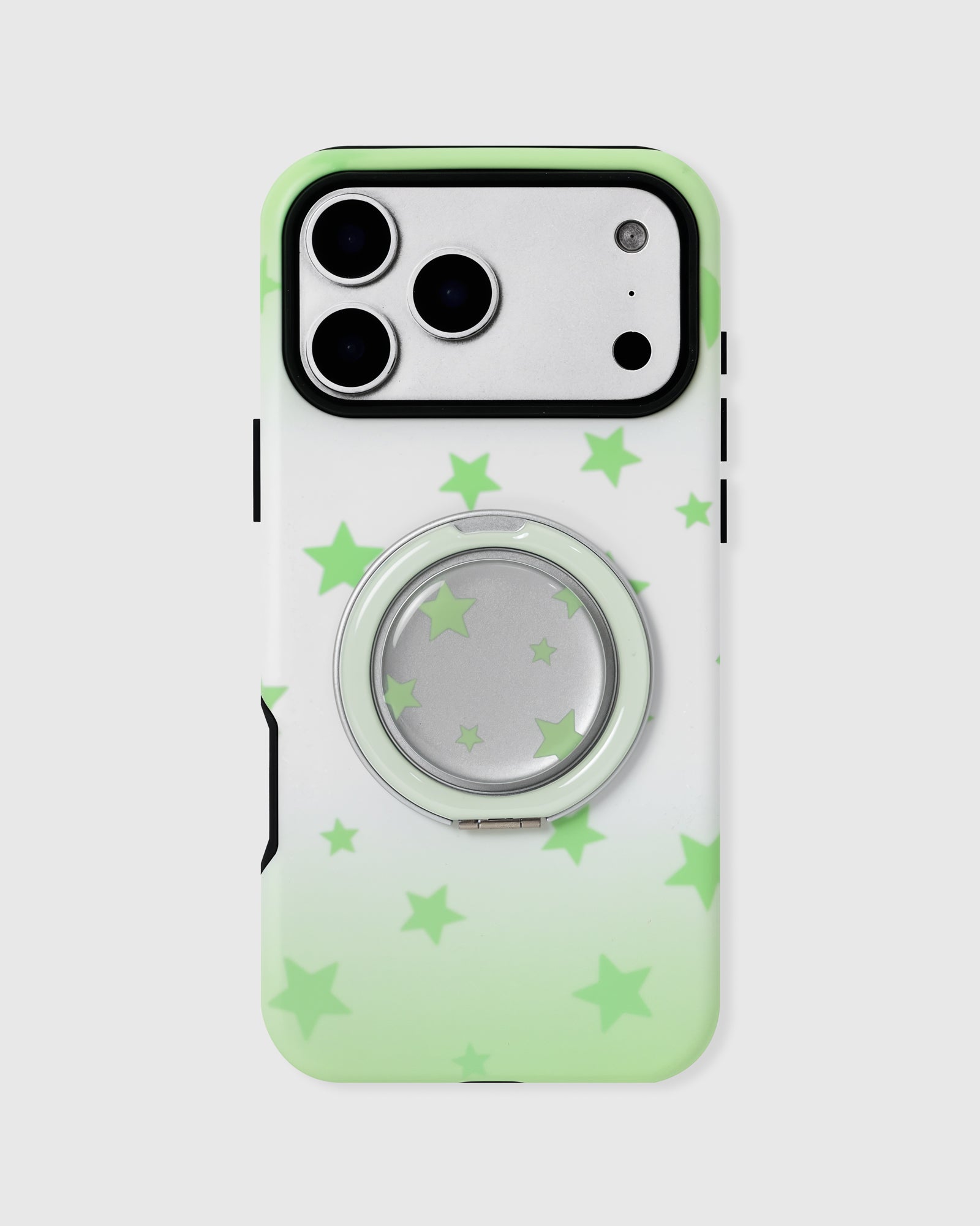 Sky Starfall phone case in the green colorway with the MagSafe ring grip folded flat, also available in skyblue
