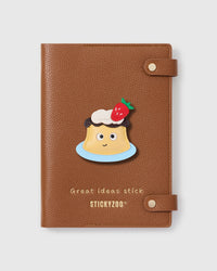 STICKYZOO Strawberry Pudding Notebook with hand-layered French Alran leather charm on camel genuine goatskin cover, gold snap closure