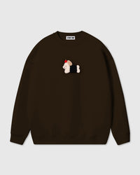 STICKYZOO DACHSHUND APPLE SWEATSHIRT in Brown featuring one hand-stitched plush dachshund appliqué, designed in Amsterdam