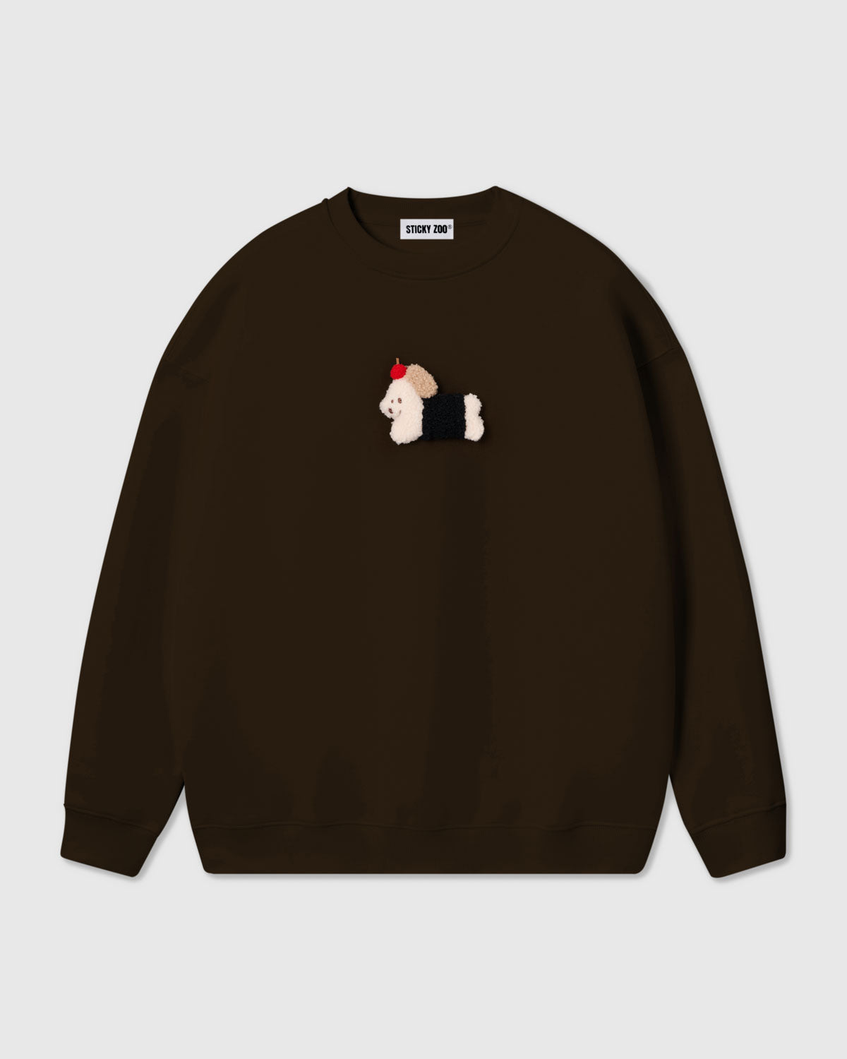 {{Plush dachshund in brown}} STICKYZOO DACHSHUND APPLE SWEATSHIRT in Brown featuring one hand-stitched plush dachshund appliqué, designed in Amsterdam