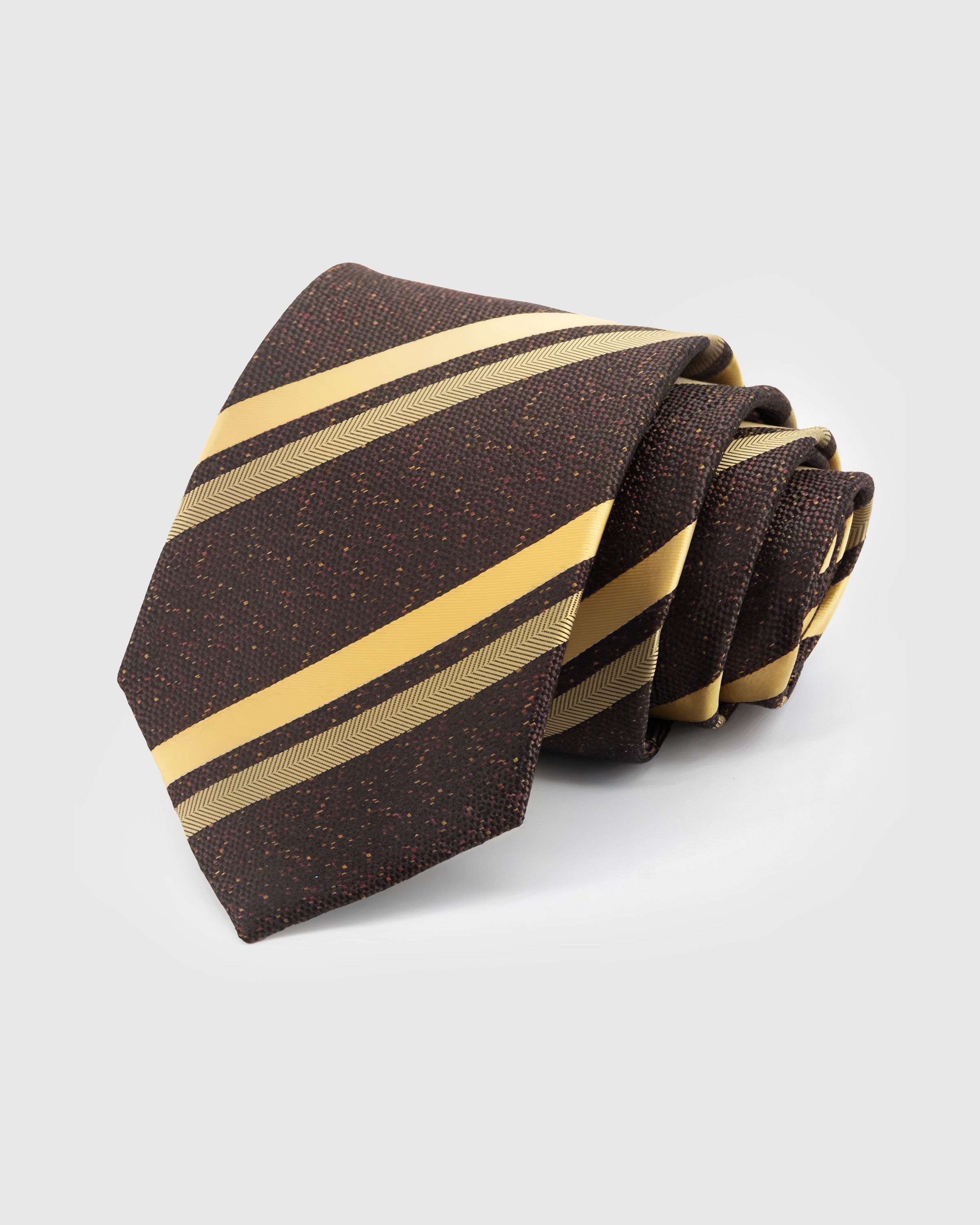 STICKYZOO Espresso Gold Stripe Tie in hand-embroidered mulberry silk with gold diagonal stripes on textured brown ground, 45° bias-cut