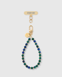 Handmade blue-and-green real stone phone strap by STICKYZOO with 18K gold-plated engraved hardware