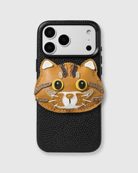 STICKYZOO Ginger Tabby Cat Charm Case — handmade French Alran leather tabby cat charm with whiskers and tabby stripes on black vegan leather phone case.