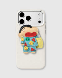 Handmade Shin-chan character in layered, hand-cut and hand-stitched French Alran goatskin leather on a white vegan leather phone case with raised camera bezels.