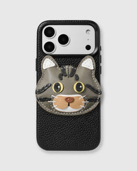 STICKYZOO American Shorthair Cat Charm Case with hand-stitched tabby cat charm on black vegan leather phone case