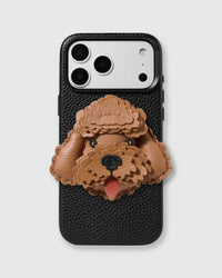 STICKYZOO Poodle Charm Case in cream — handmade French Alran leather poodle face charm with tongue detail on black vegan leather phone case.