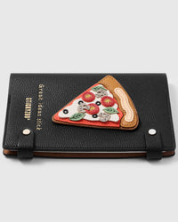 French Alran leather pizza slice charm detail showing hand-cut and hand-stitched layers with engraved gold-plated hardware