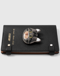 French Alran leather American Shorthair cat face with tabby markings on STICKYZOO notebook, hand-cut and stitched with multi-layer construction