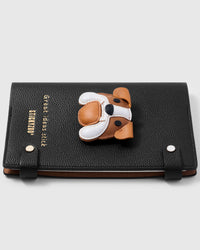 French Alran leather Bulldog face with droopy cheeks on STICKYZOO notebook, hand-cut and stitched with multi-layer construction