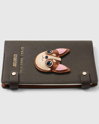 French Alran leather Chihuahua charm detail showing hand-cut and hand-stitched leather layers on STICKYZOO notebook