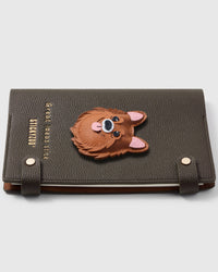 French Alran leather Pomeranian face with fluffy fur detail on STICKYZOO notebook, hand-cut and stitched with multi-layer construction