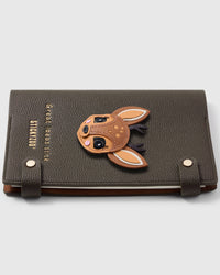 French Alran leather deer face with antlers and pink cheeks on STICKYZOO notebook, hand-cut and stitched with multi-layer construction