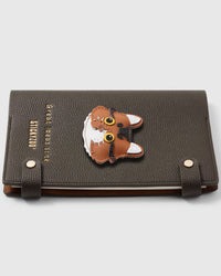 French Alran leather tabby cat charm detail showing hand-cut and hand-stitched leather layers on STICKYZOO notebook