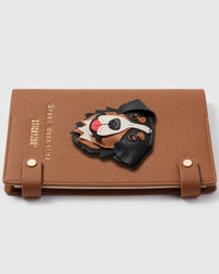 French Alran leather Bernese Mountain Dog charm detail showing hand-cut and hand-stitched leather layers on STICKYZOO notebook