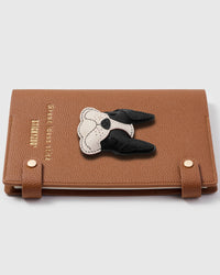 French Alran leather French bulldog charm detail showing hand-cut and hand-stitched leather layers on STICKYZOO notebook