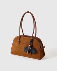 Handmade Dachshund leather bag charm — French Alran goatskin from a tannery founded in 1903 in Tarn, France. STICKYZOO leather edition.