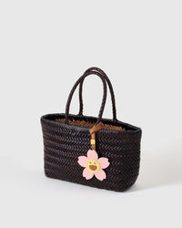 STICKYZOO Bloomy Sakura Charm — dual attachment option: leather strap for bags or keychain clip. French Alran goatskin.