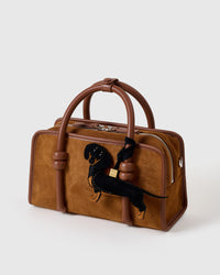 Handmade Dachshund bag charm with 18K gold-plated cube hardware engraved with STICKYZOO — French Alran goatskin, 5-day artisan build.