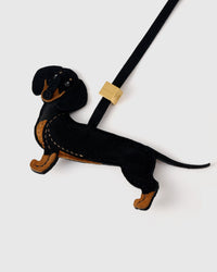 Handmade full-body Dachshund bag charm — French Alran goatskin from a tannery founded in 1903 in Tarn, France. STICKYZOO Long Dash.
