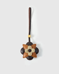 STICKYZOO Petal Espresso Charm — dark chocolate, caramel, and cream French Alran goatskin layered flower, 18K gold-plated hardware. 3-day handmade piece.