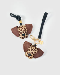 Handmade Dalmatian Spot leather bag charm with 18K gold-plated keychain clip and engraved STICKYZOO gold tag — for keys, bags, and backpacks. French Alran goatskin.