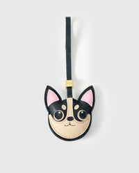 Handmade Chihuahua leather bag charm styled on a handbag — French Alran goatskin, 18K gold-plated hardware. STICKYZOO.