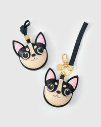 Chihuahua leather bag charm shown in both attachment options — handmade French Alran goatskin, dual attachment. STICKYZOO Amsterdam design.