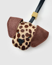 Handmade Dalmatian Spot leather bag charm — full-grain French Alran goatskin with visible hand-stitched edges. STICKYZOO Amsterdam design.