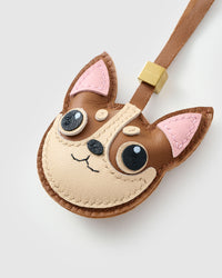 Handmade Chihuahua leather bag charm — French Alran goatskin from a tannery founded in 1903 in Tarn, France. STICKYZOO.
