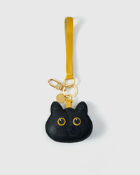 Black British Shorthair on an 18K gold-plated keychain clip with engraved STICKYZOO disc — clips to keys, bags or backpacks.