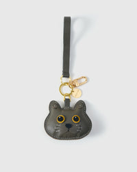 Blue British Shorthair on an 18K gold-plated keychain clip with engraved STICKYZOO disc — clips to keys, bags or backpacks.