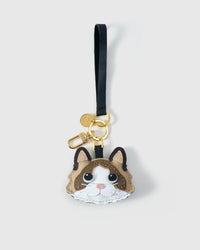 Ragdoll v.1 on an 18K gold-plated keychain clip with engraved STICKYZOO disc — clips to keys, bags or backpacks.